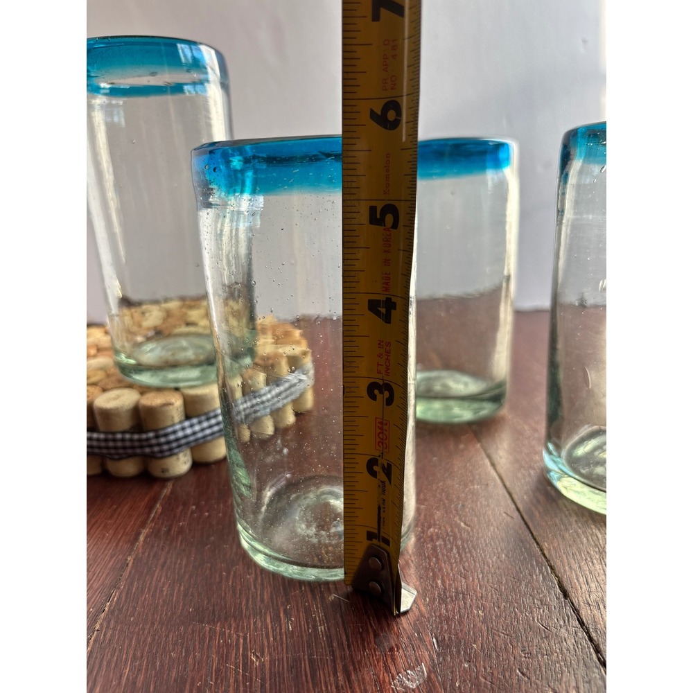 Set of 4 Mexican Hand Blown Glass Highball Tumblers Turquoise Blue Rim 5.25" - Picture 2 of 5